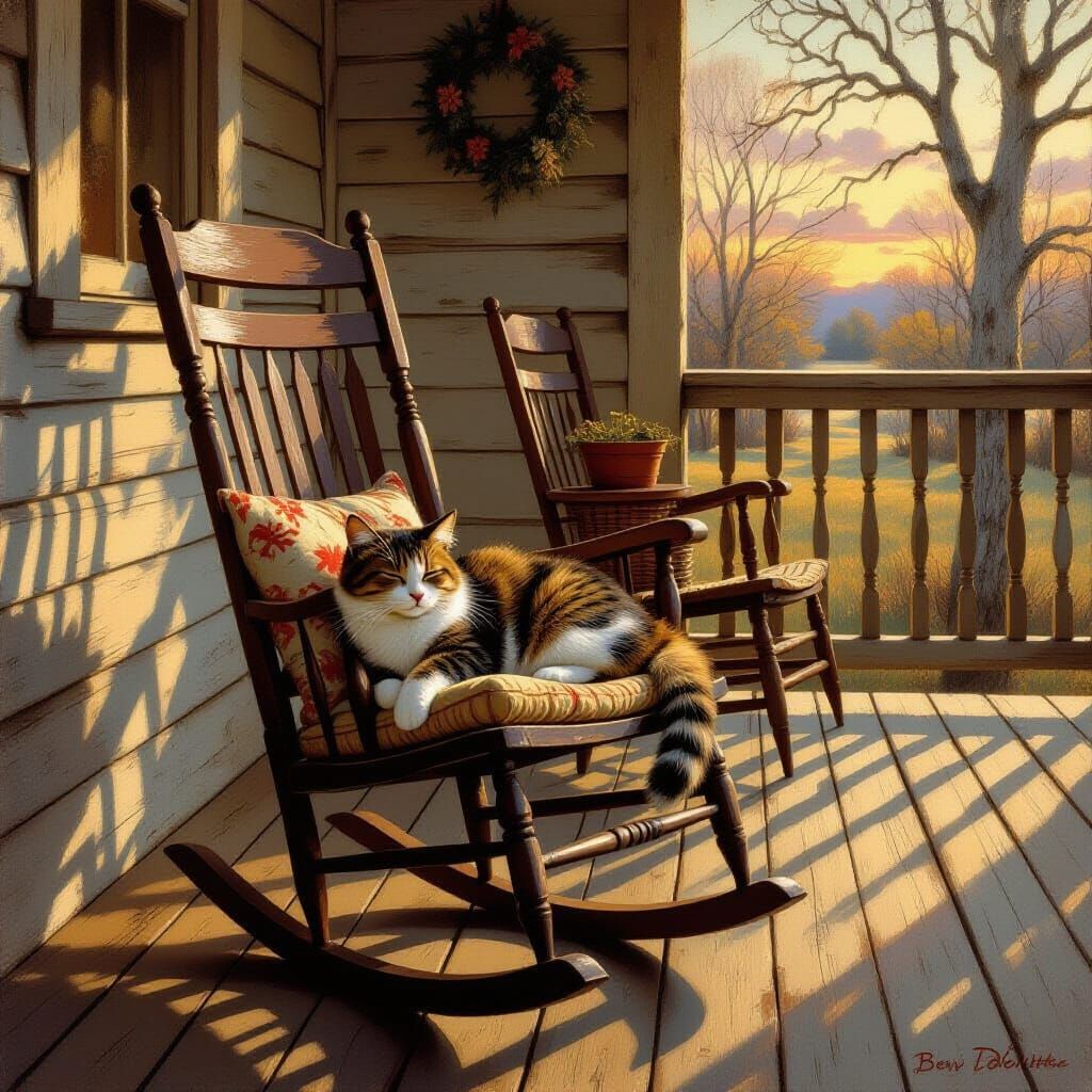 Cat sleepping on a worn, serene wooden rocking chair on a rustic front porch, surrounded by vintage decorations, ...  by @coupdevent