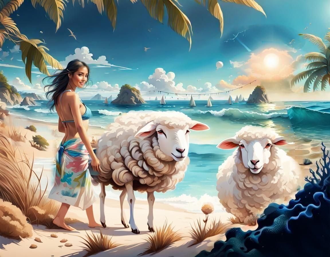 Sheep Shepard on a beach