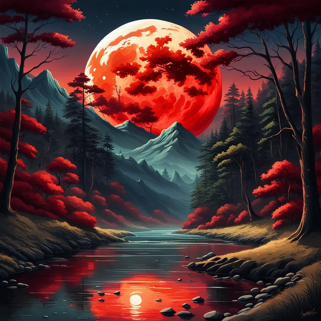 a Large Red Moon Over the River