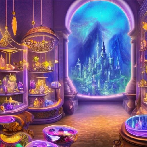 Insanely detailed Enchanted Luminescence Mystical shop selling large gemstone crystals with a view overlooking ...  by @EmmaNArt