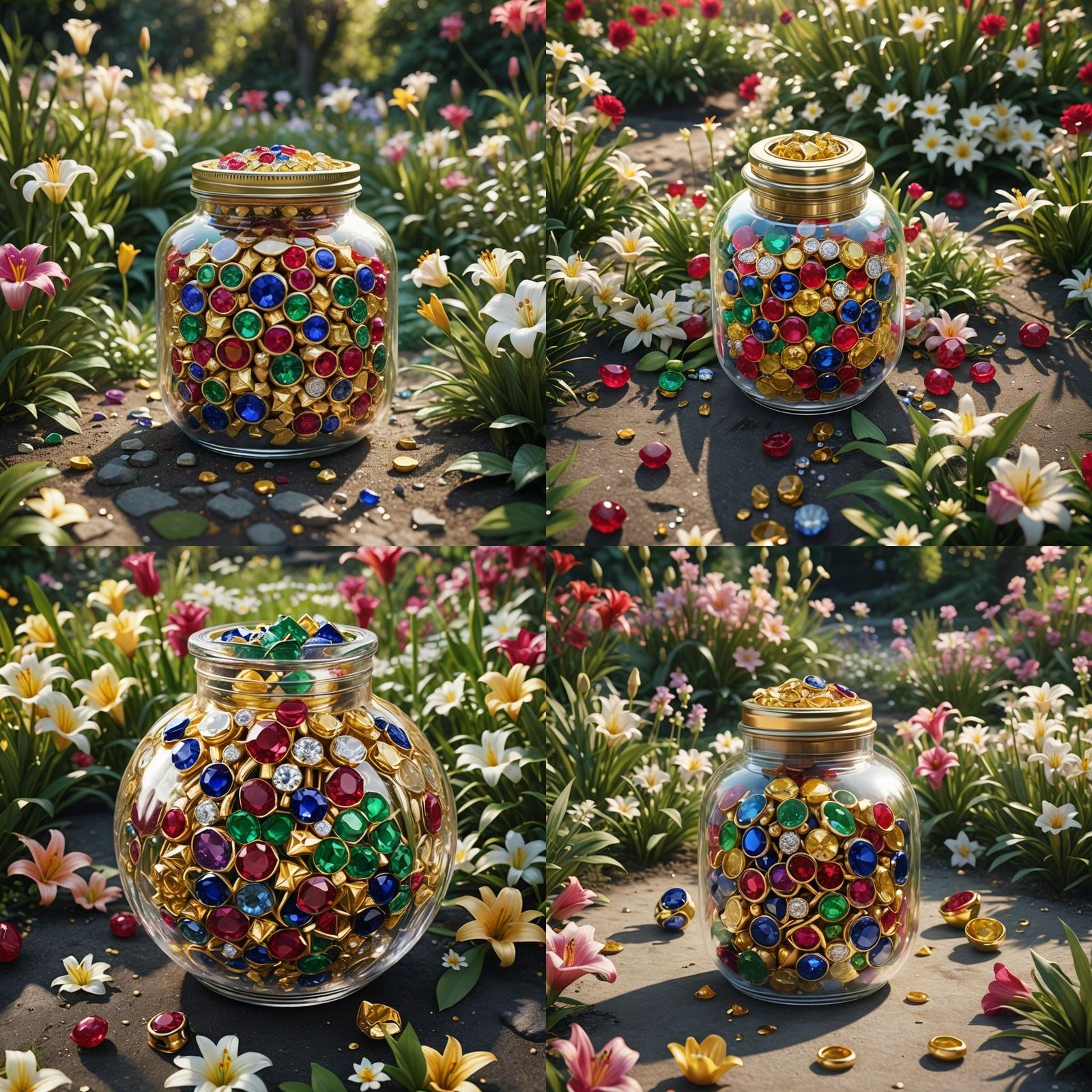 A beautiful jar filled with golden diamond, ruby, emerald, a...