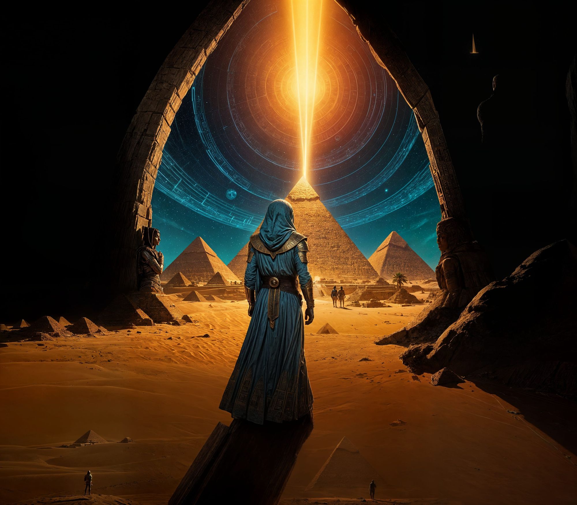  In an alternate timeline, the great pyramids of Giza are not tombs but colossal, functioning time-travel devices, emitting shimmering tempo...