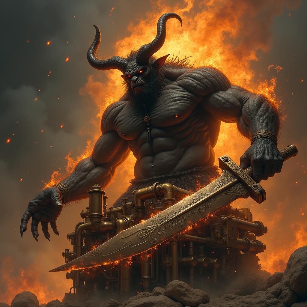 An evil burning demon with a fiery sword looks at the sky