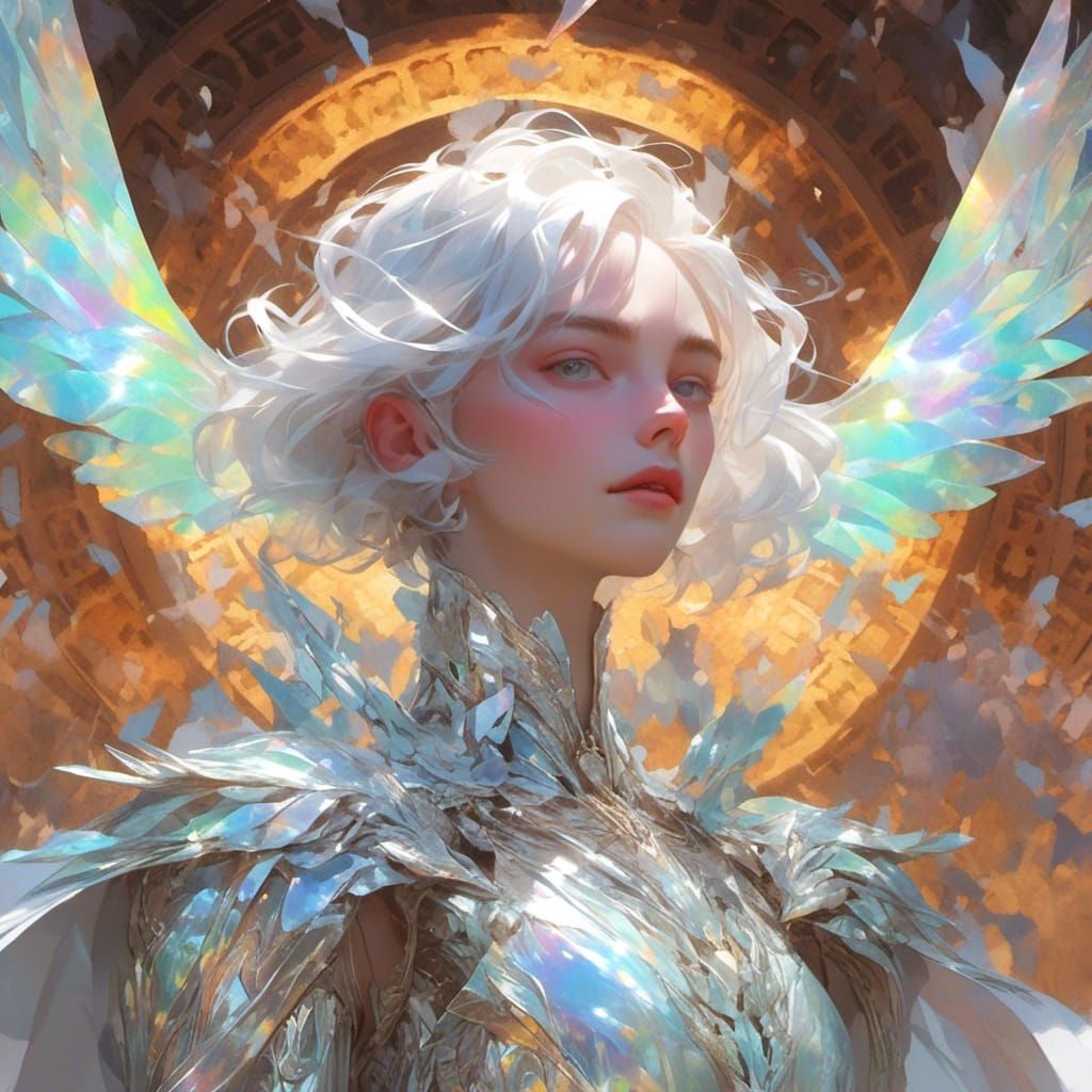 <lora:Iridiscentium:1.3> head and shoulder, Man, white short hair, elegant face, Raw gemstone, iridescent  gemstone, a masterpiece, iridesce...