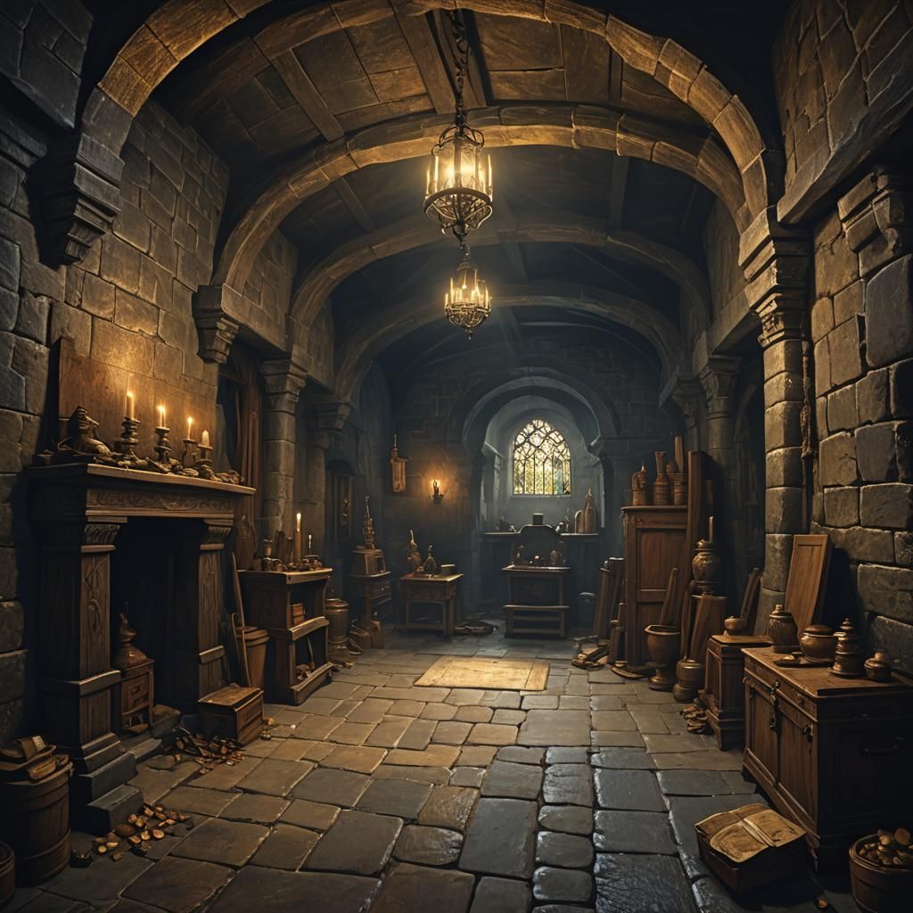 A dark and cold medieval lair, an enormous chamber with wet ...