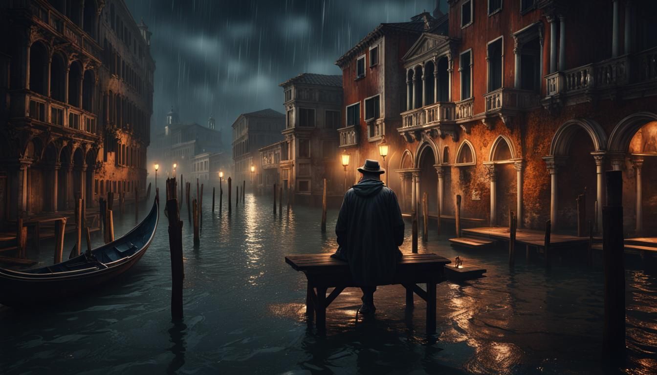 A dark rainy night in Venice, the old man sits alone, his sa...