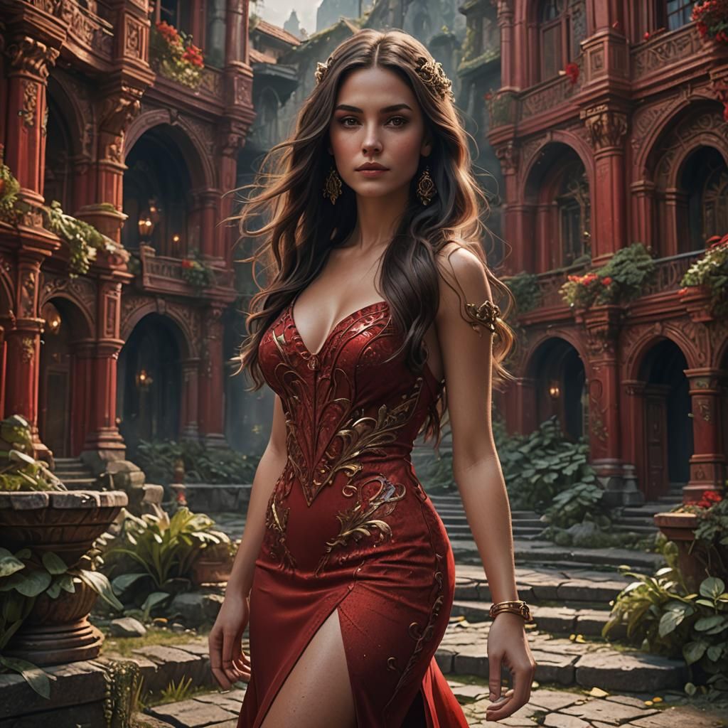 beautifull modele with brunette long hair in tight red  dres...