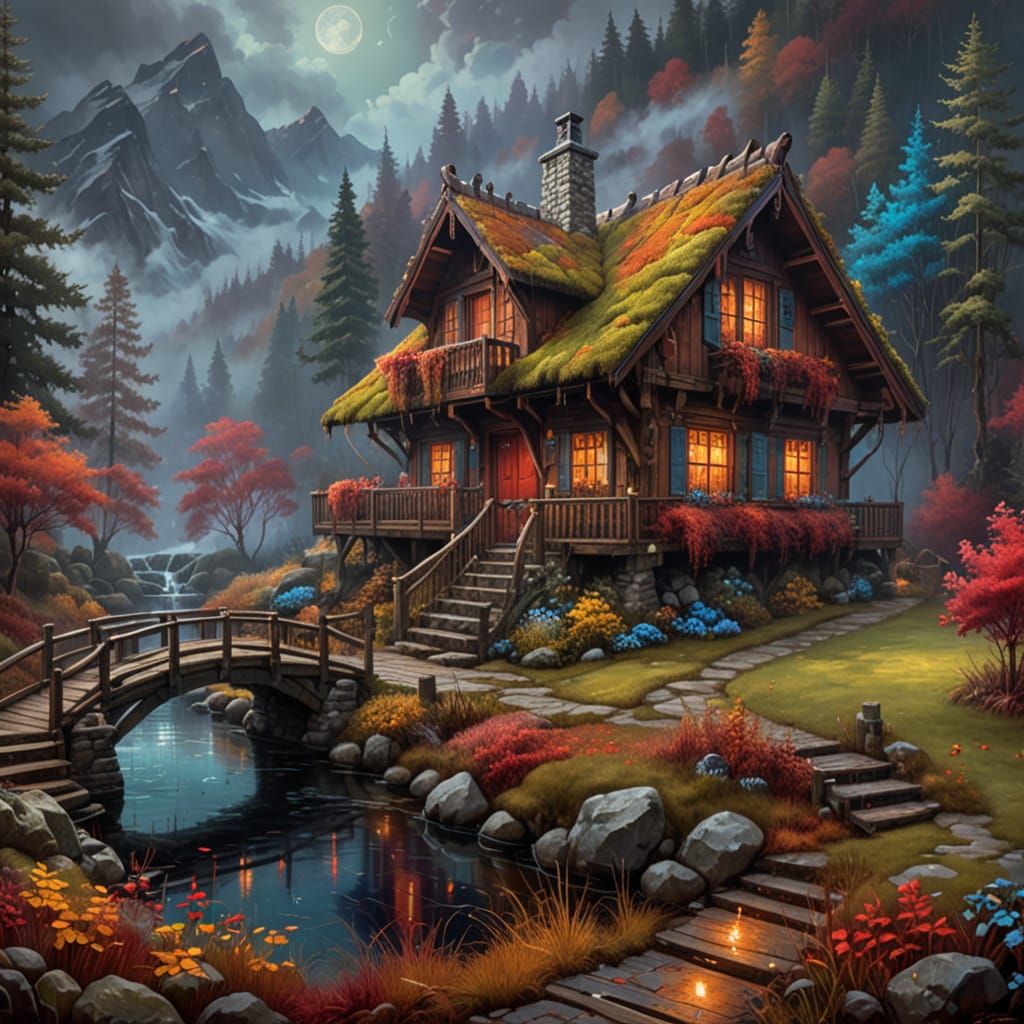 A ornate Swiss Chalet with a moss-covered roof #2