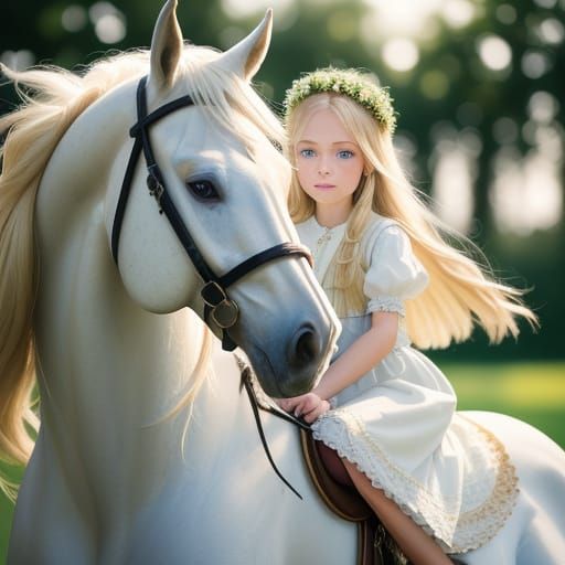 Girl in Denim Dress Rides White Horse in Golden Hour Light