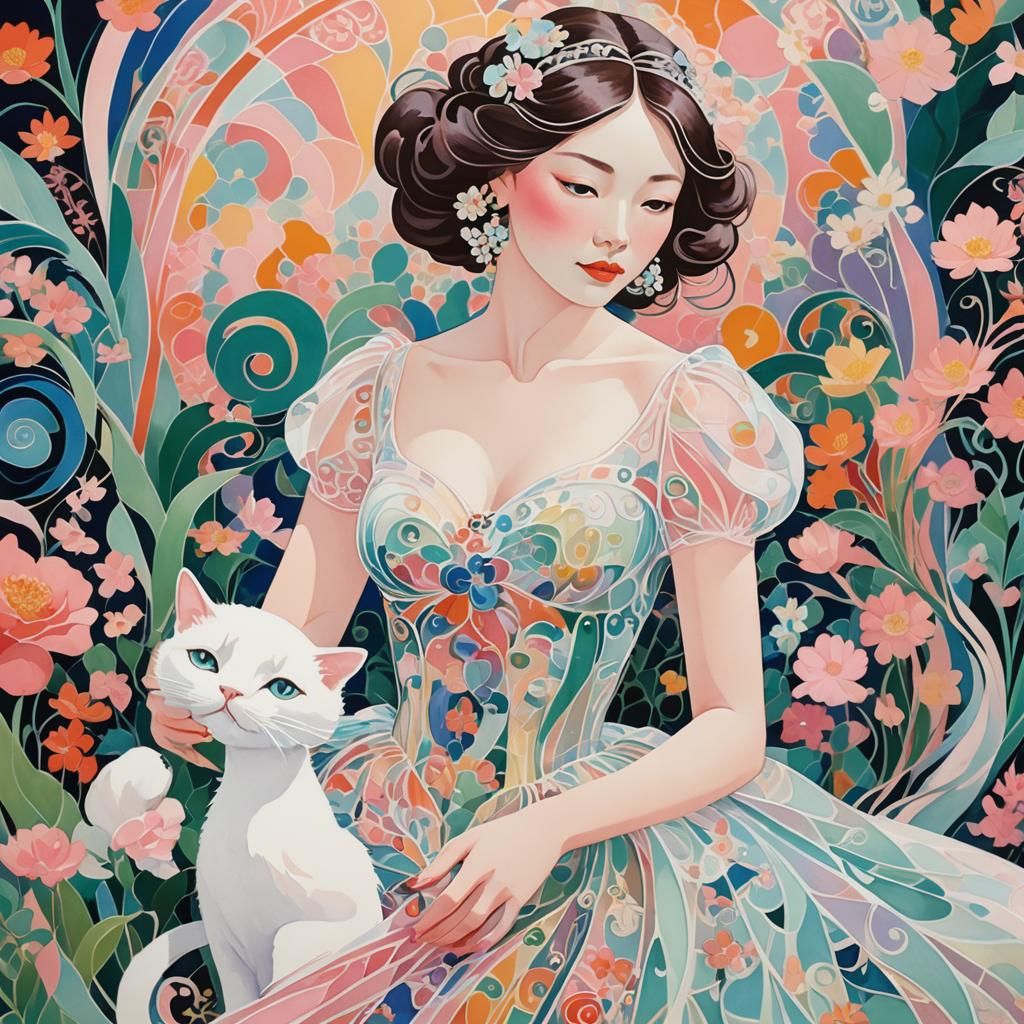 An elegant lady in transparent dress with a white cat, Art N...