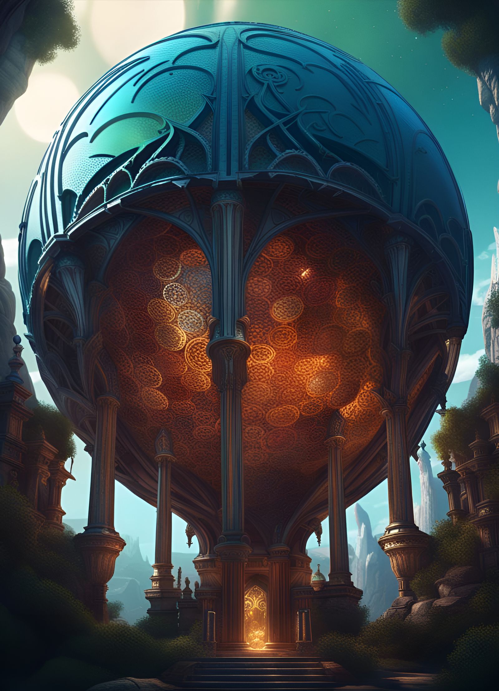 Surreal Elven Temple Floating in Magical Sphere
