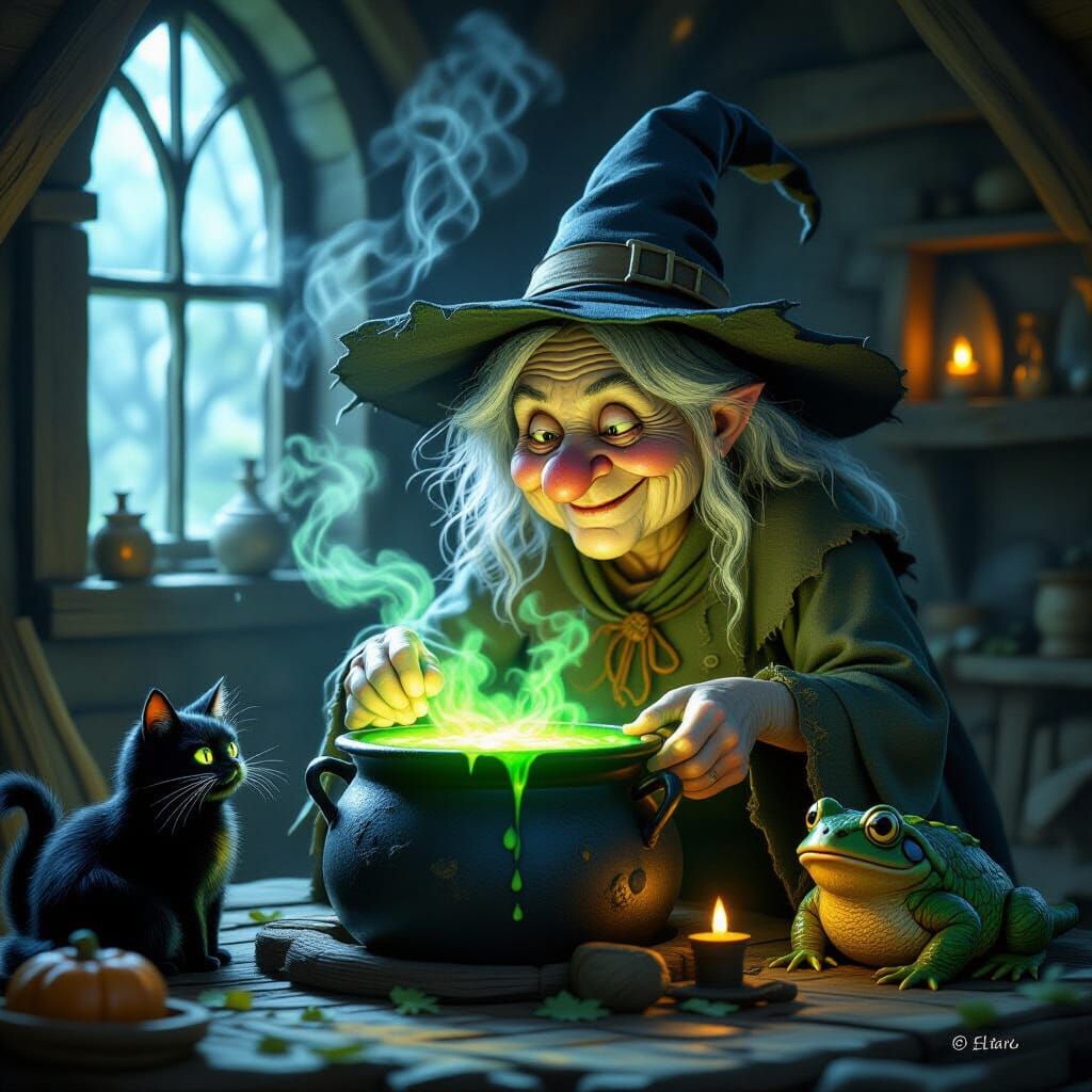 An ugly old crone wearing a witches hat,  stirring a boiling cauldron. A scruffy black cat and big toad ...  by @Oma