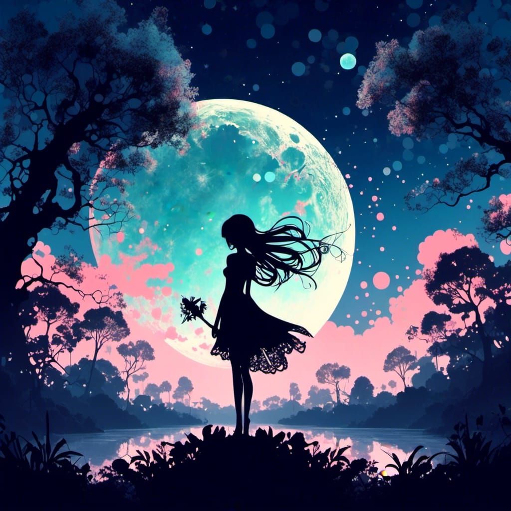 Anime <lora:Inspiration:1.0> double exposure : fairy silhouette  moonlit landscape