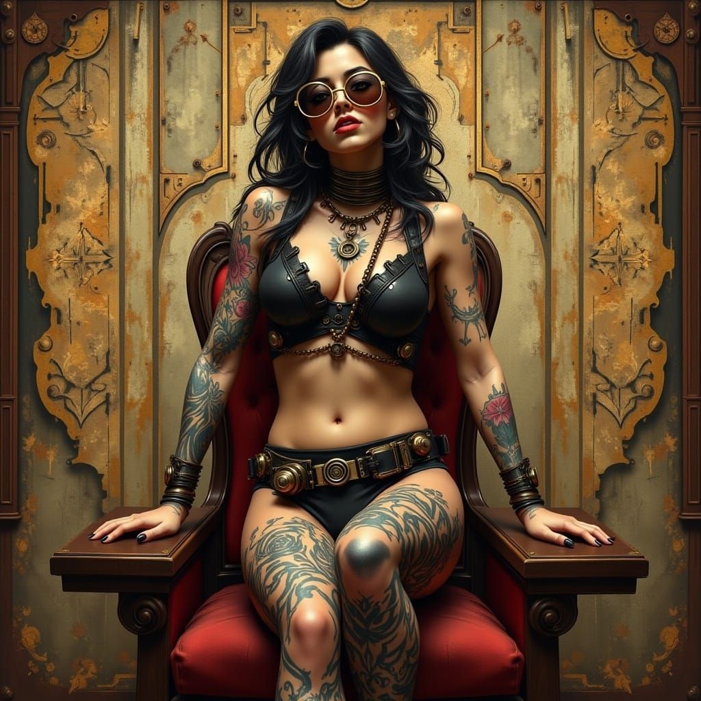 the huge text "Contemporary Steampunk" appearing in the background: 
hyperdetailed contemporary art style steampunk gamer girl with contempo...