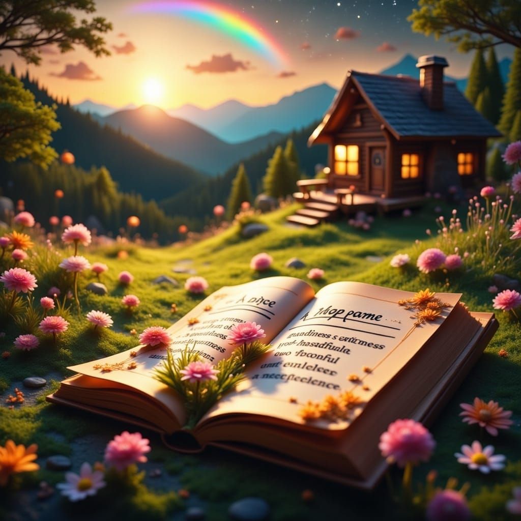 <lora:Flux Night Sparkle:1.0> A magical sunlit meadow, where a book lay open with glowing recipe written: “A pinch of happiness,” “A handful...