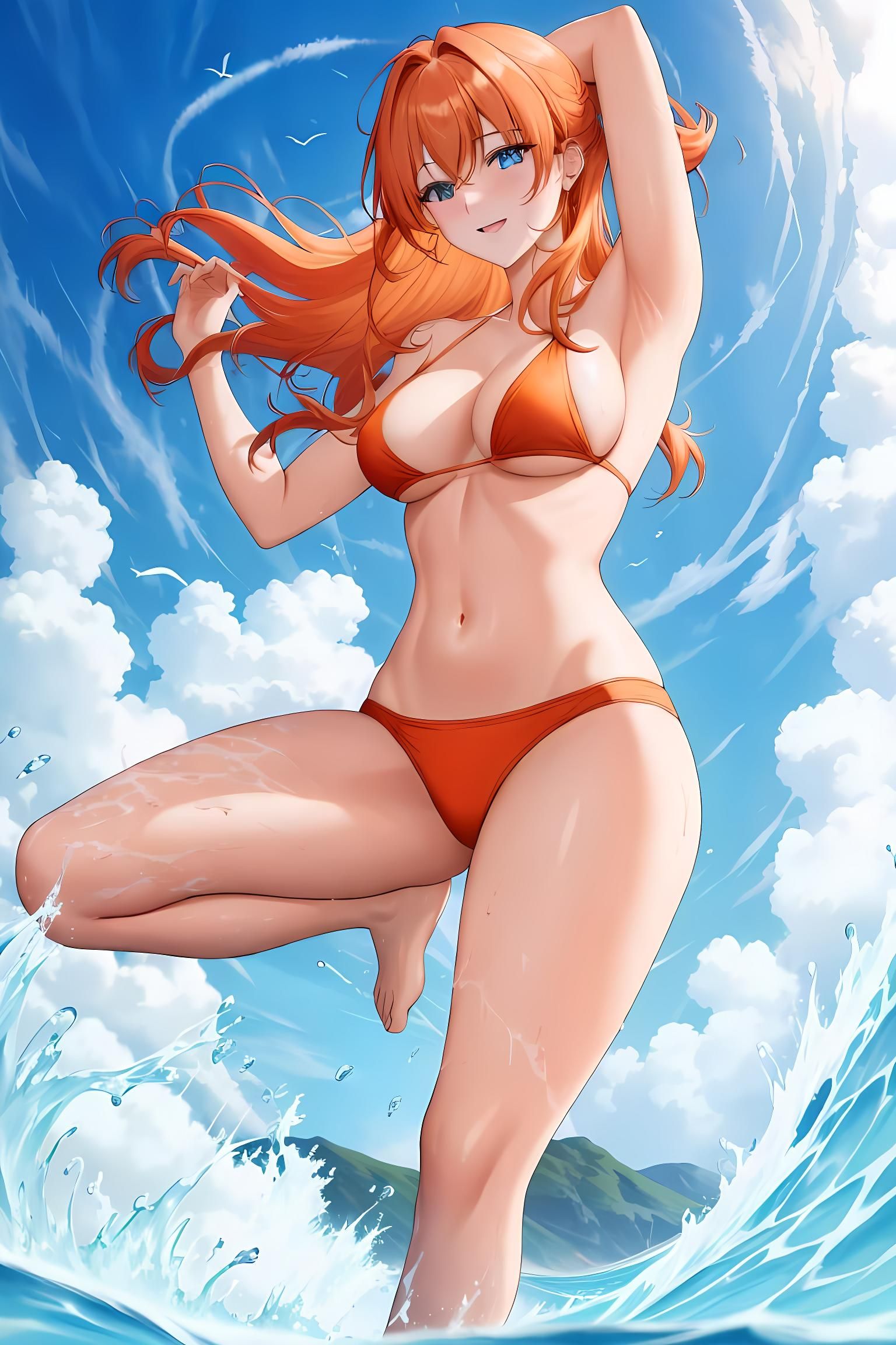 Woman with blue eyes surfing in high tides