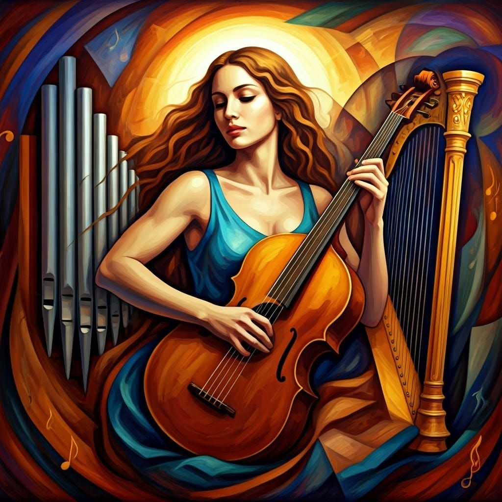Abstract Cubist Woman Amidst Vibrant Musical Notes and Instr...