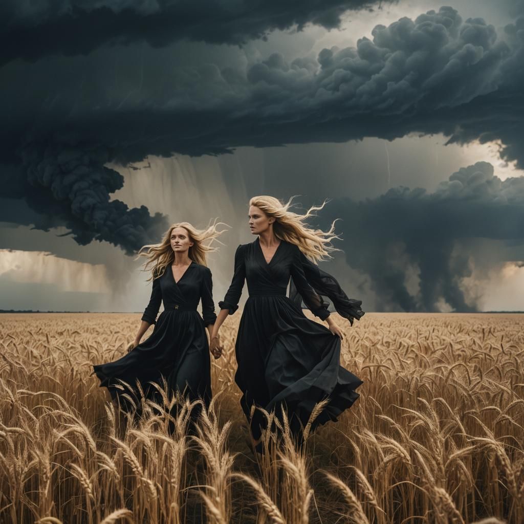 Blonde Women in Wheat Field Under Stormy Sky