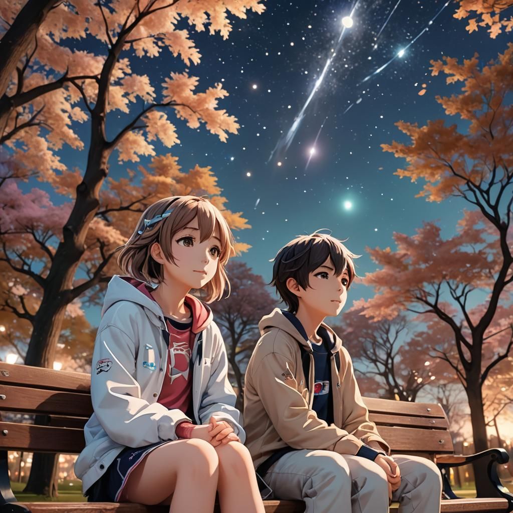Anime Style Teenagers Stargazing in 3D Render