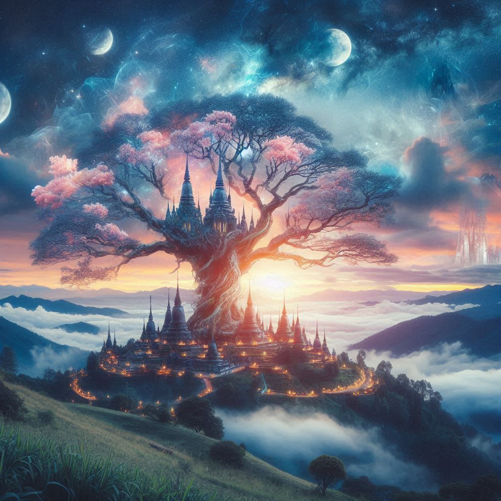double exposure beautiful fantasy DALL-E 3 other world tree..