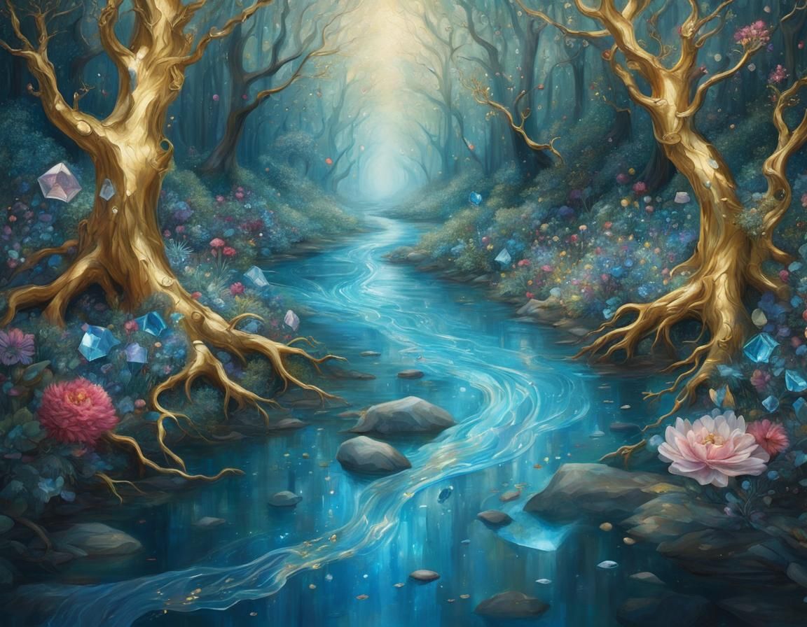 A detailed painting of an enchanted sparkling clear blue translucent river  by @g r r c