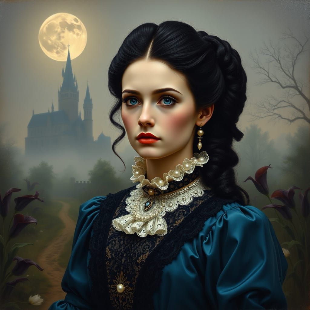 A Young Woman in Victorian Regalia with Haunting Blue Eyes