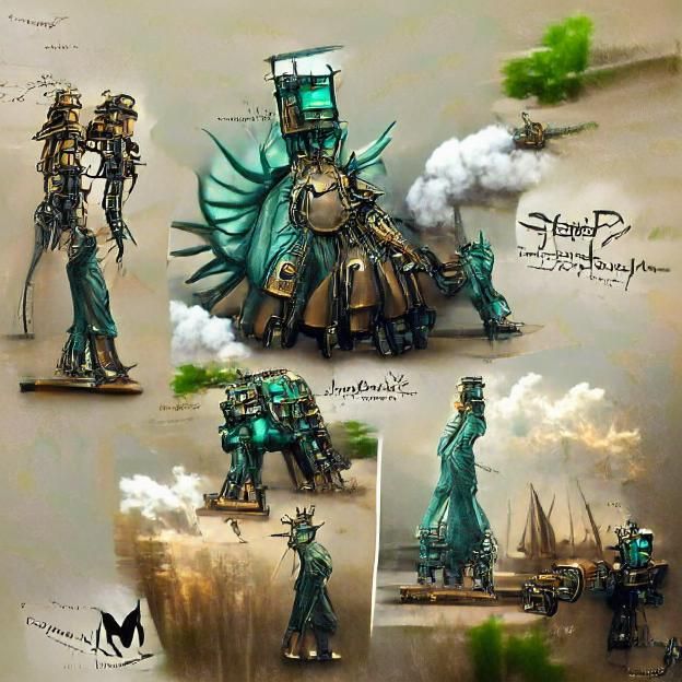 steampunk statue of liberty mech concept art