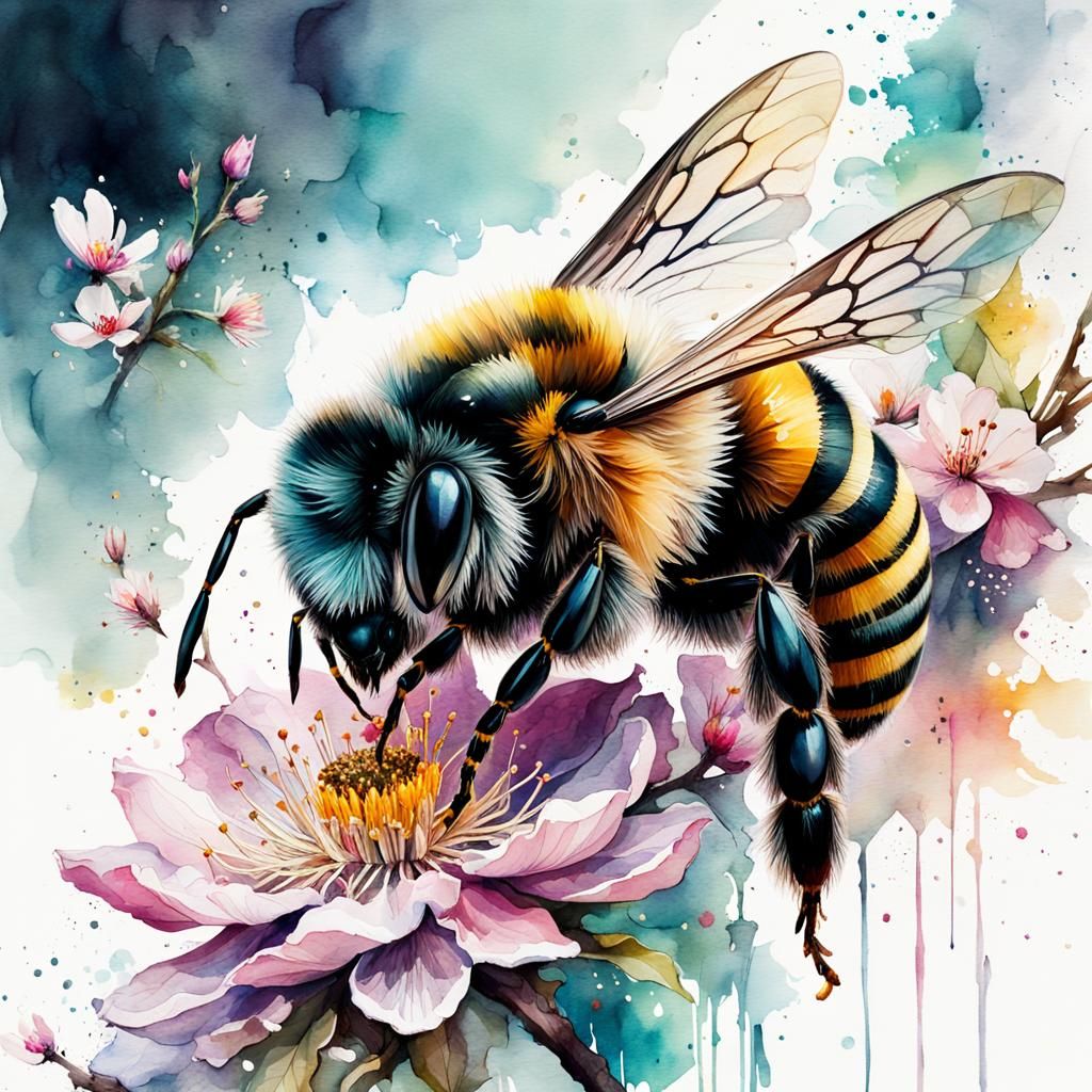 Beautiful blossom bee  long exposure Digital watercolor Illustration of a((( fantasy bee))) by, , Carne ...  by @Jen
