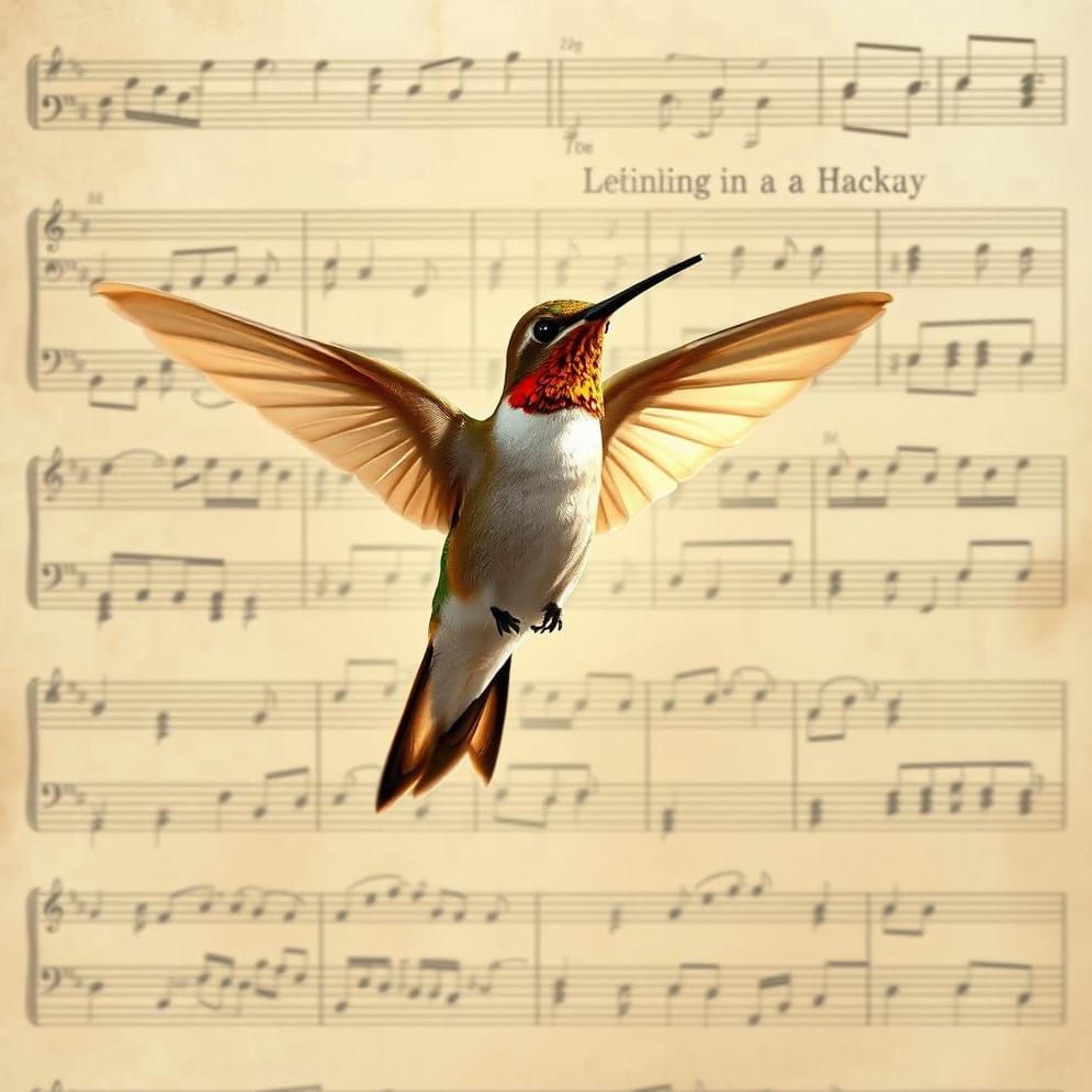 A beautiful hummingbird in flight, set against a backdrop of a vintage