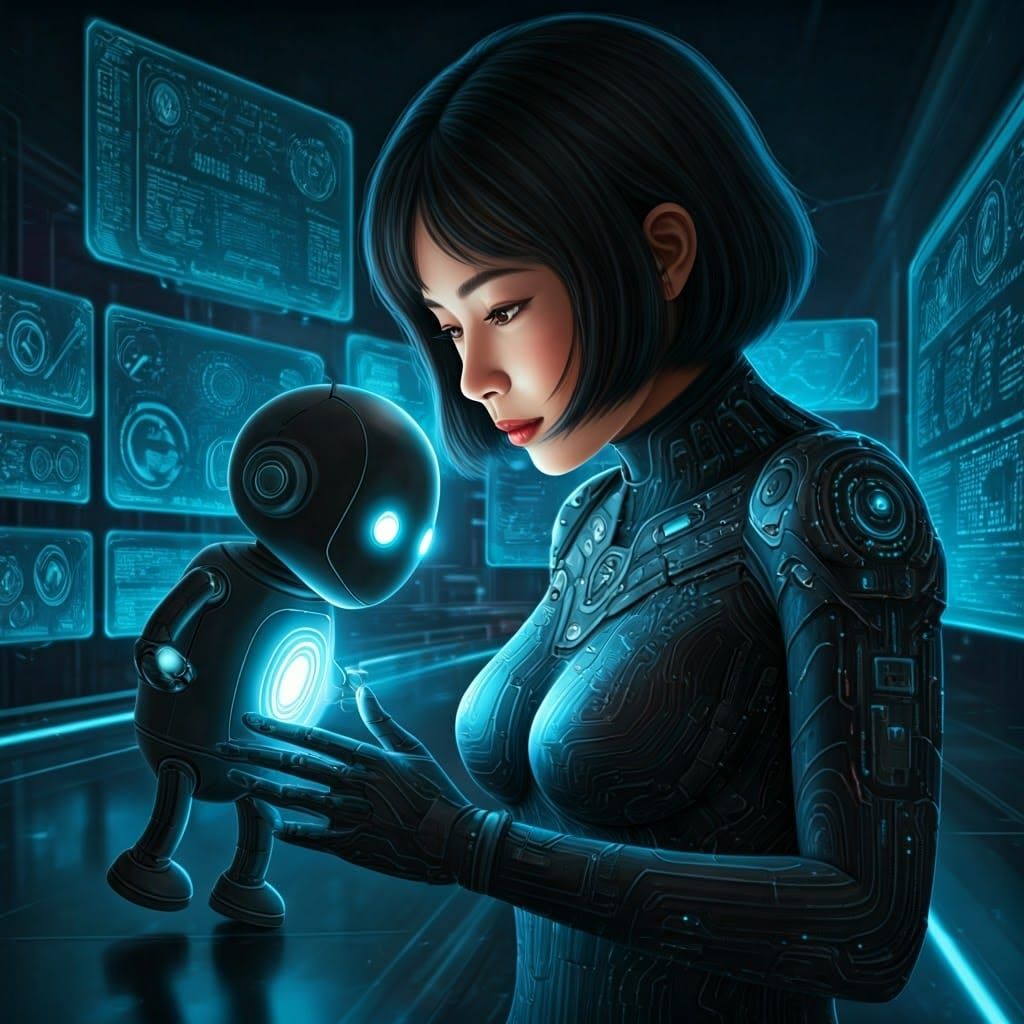 Cyberpunk Goddess Awakens Robot Companion