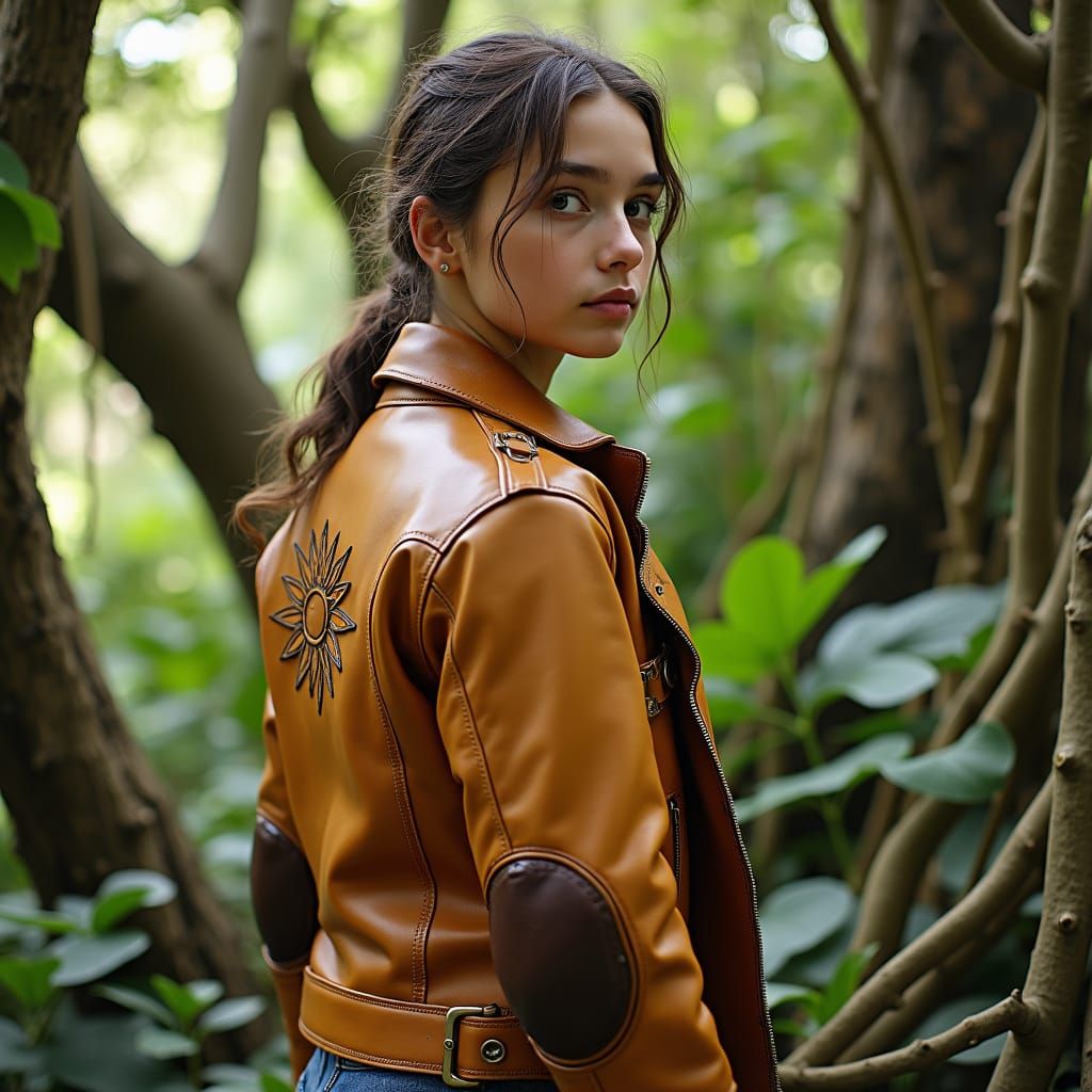 A candid photograph designed for an advertising campaign featuring an adult model wearing a Flynn Rider-inspired light tan leather jacket. T...