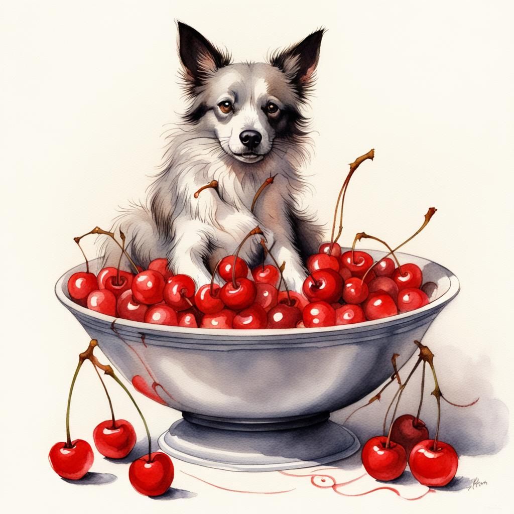 A Dog Sitting In A Bowl of Maraschino Cherries AI Generated Artwork