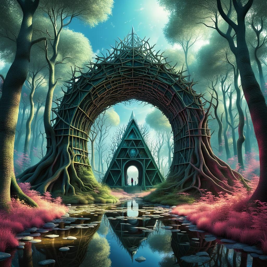 The most trippy scene imaginable, in an enchanted forest, co...