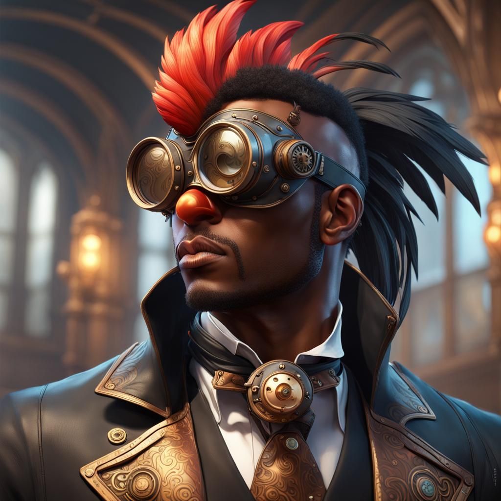 A black man in steampunk clothing using a mask like a rooste...