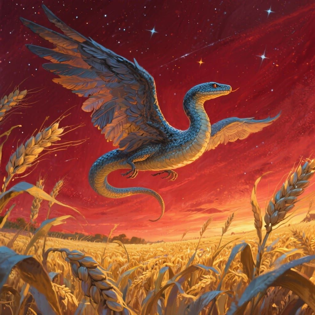 Beautiful winged snake flying over golden wheat field at night, deep red starry sky, digital painting style, rich textures, warm golden and ...