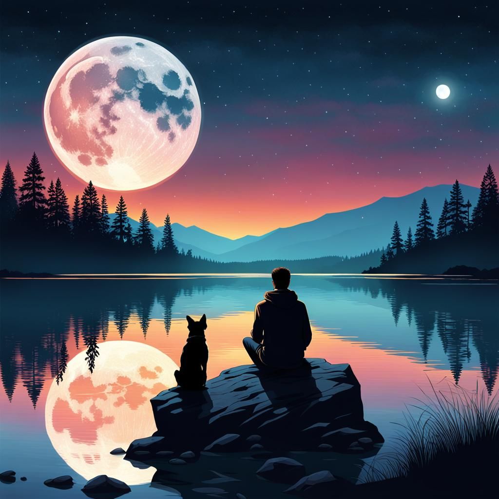 arafed man sitting on a rock with a dog watching a full moon, calm night. digital illustration, looking out at a sunset, night background, b...