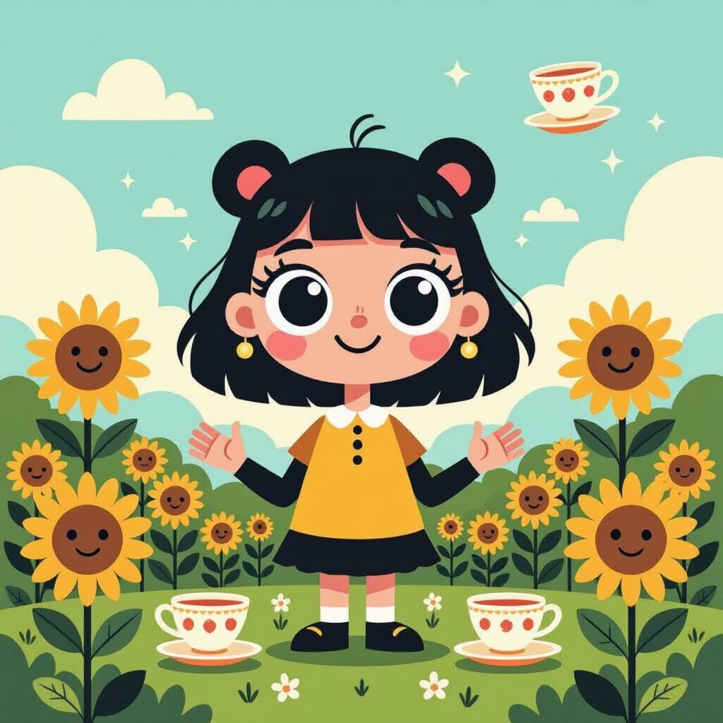 Flat illustration style, bold black outlines, colorful solid fills, playful cartoon aesthetic — a whimsical ...  by @Chirp