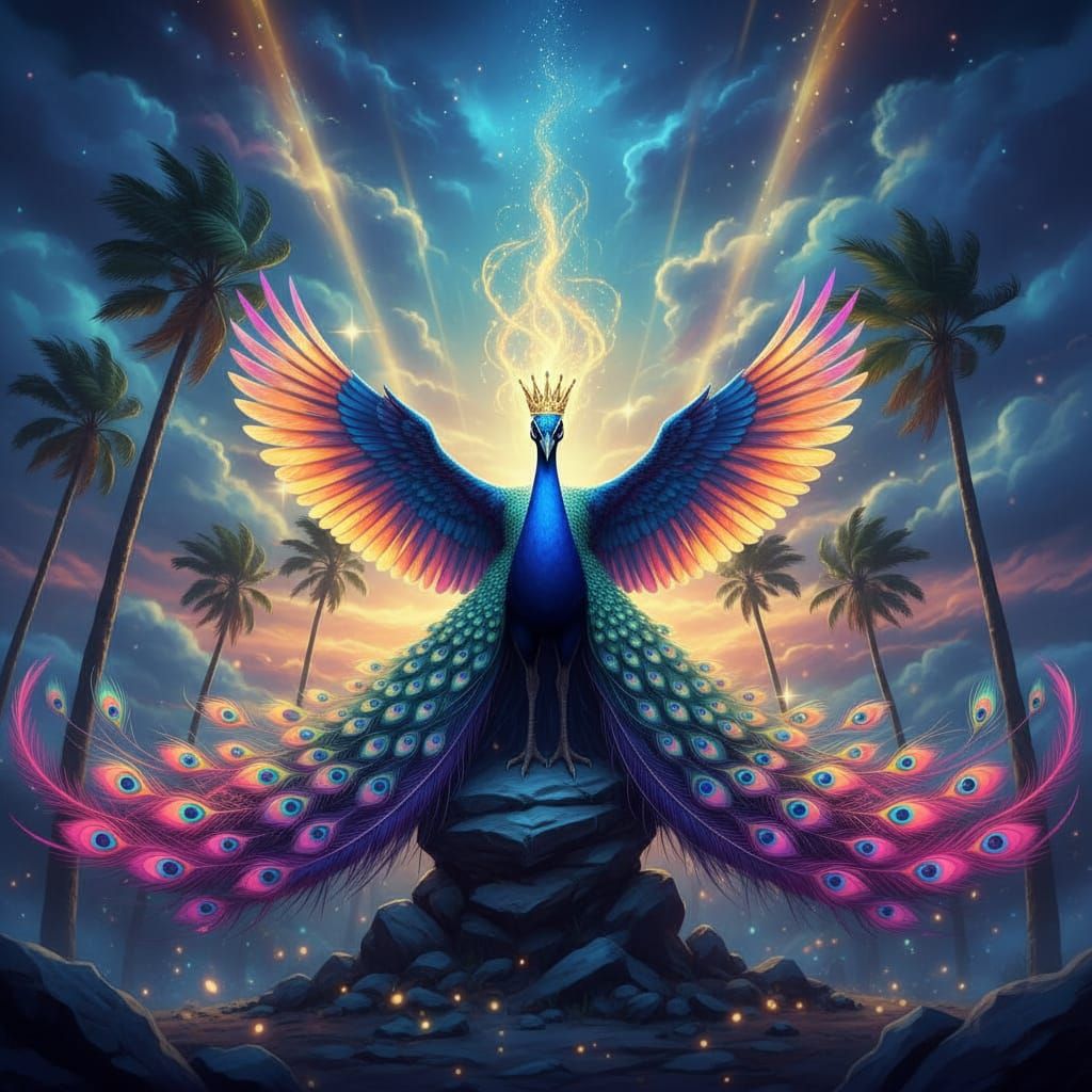 A majestic Peacock soaring through a universe, its feathers trailing spectrum stardust. The creature is rendered with vibrant, fiery colors ...