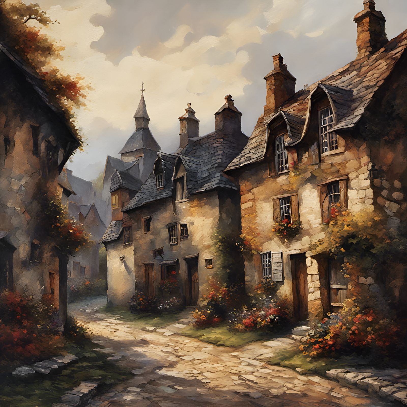 Beautiful Rococo oil painting of medieval village, Countryside village ...