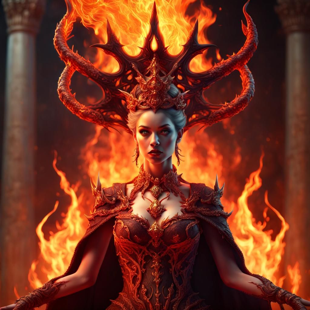 The beautiful final render of the Queen Of Hell, summoning fire