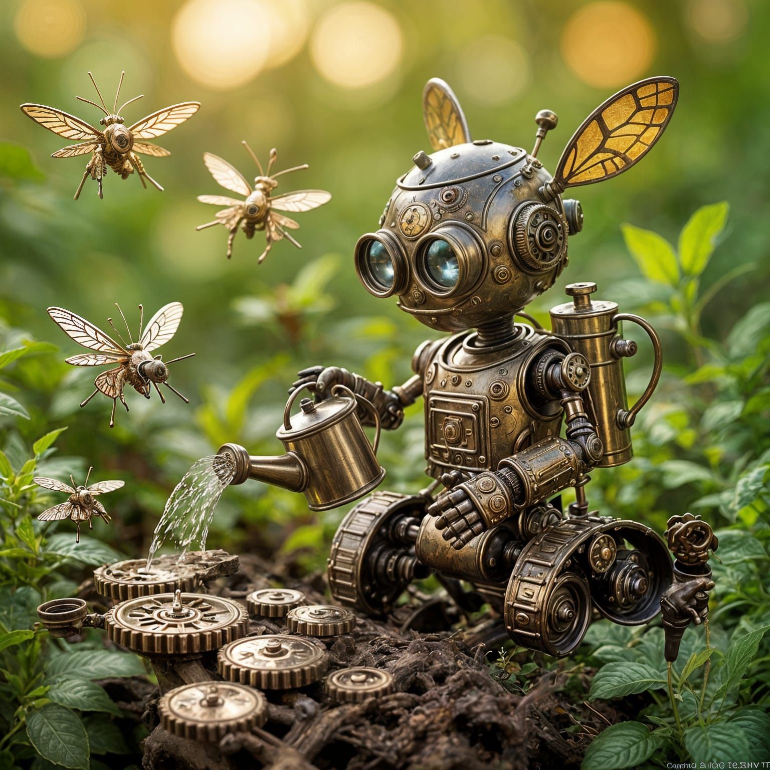 A miniature, rusty, but charming robot gardener, with a watering can for a body and a single, wide lens ...  by @Likvi