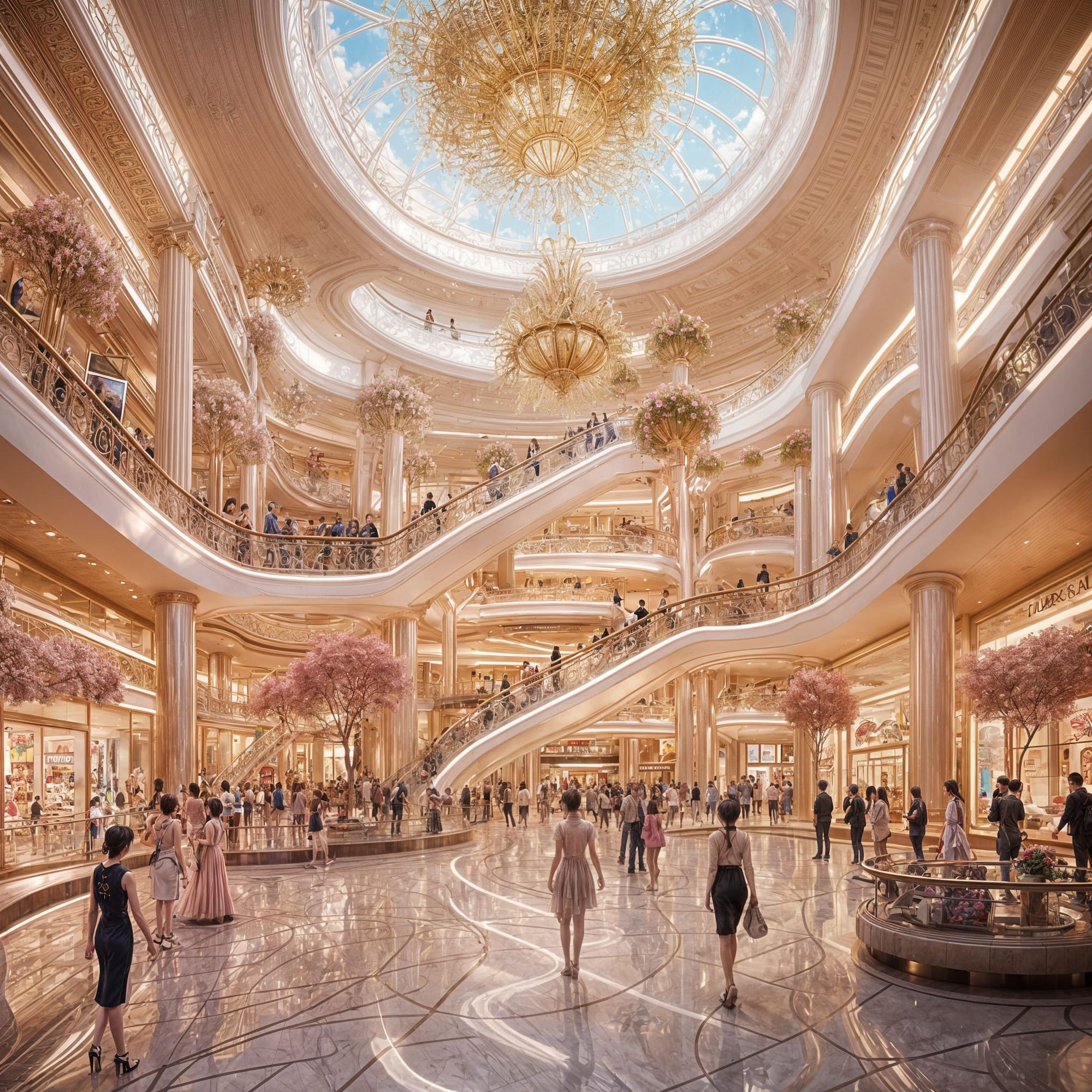 <lora:Futuristic Glamor:1.0> A very crowded mall in Bangkok, Thailand showcasing beautiful modern architecture and layout, insanely high 8k...