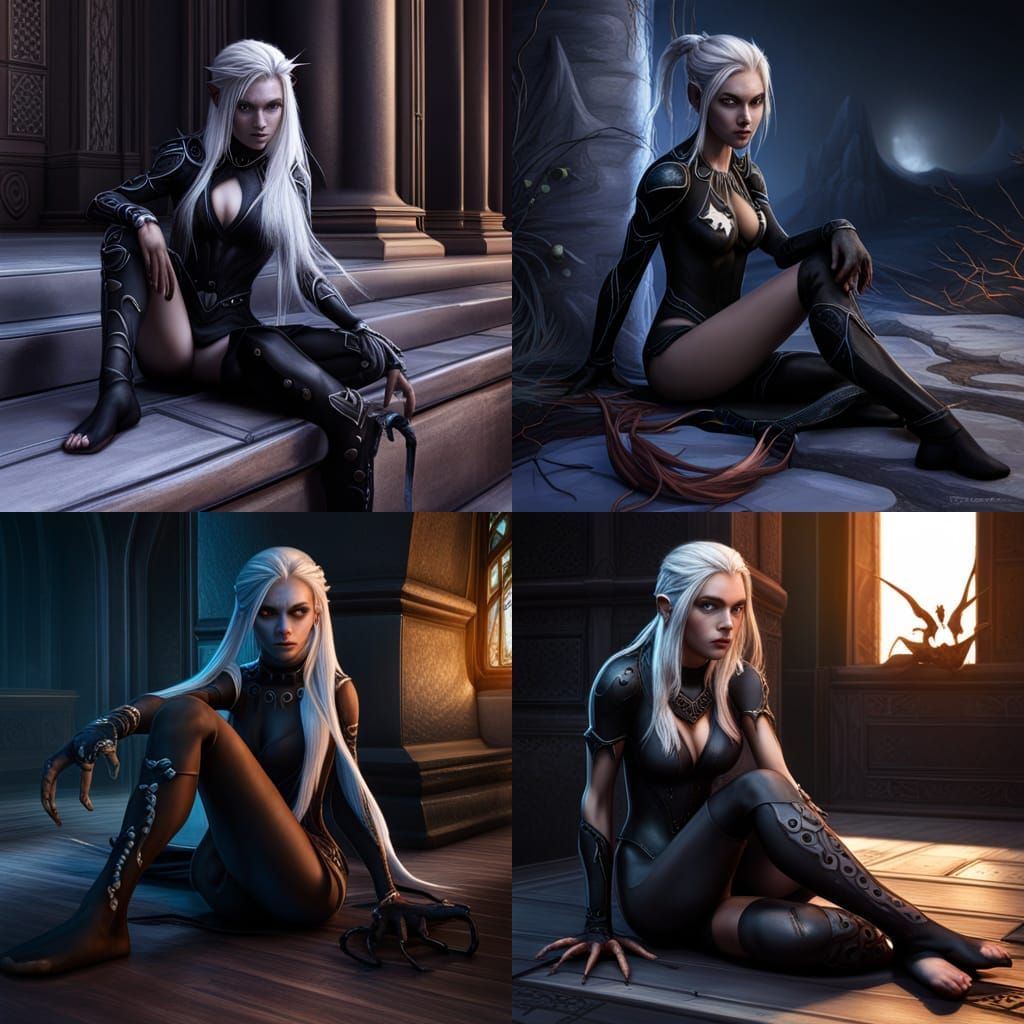 gorgeous young drow elf girl sitting by window, wearing blac...