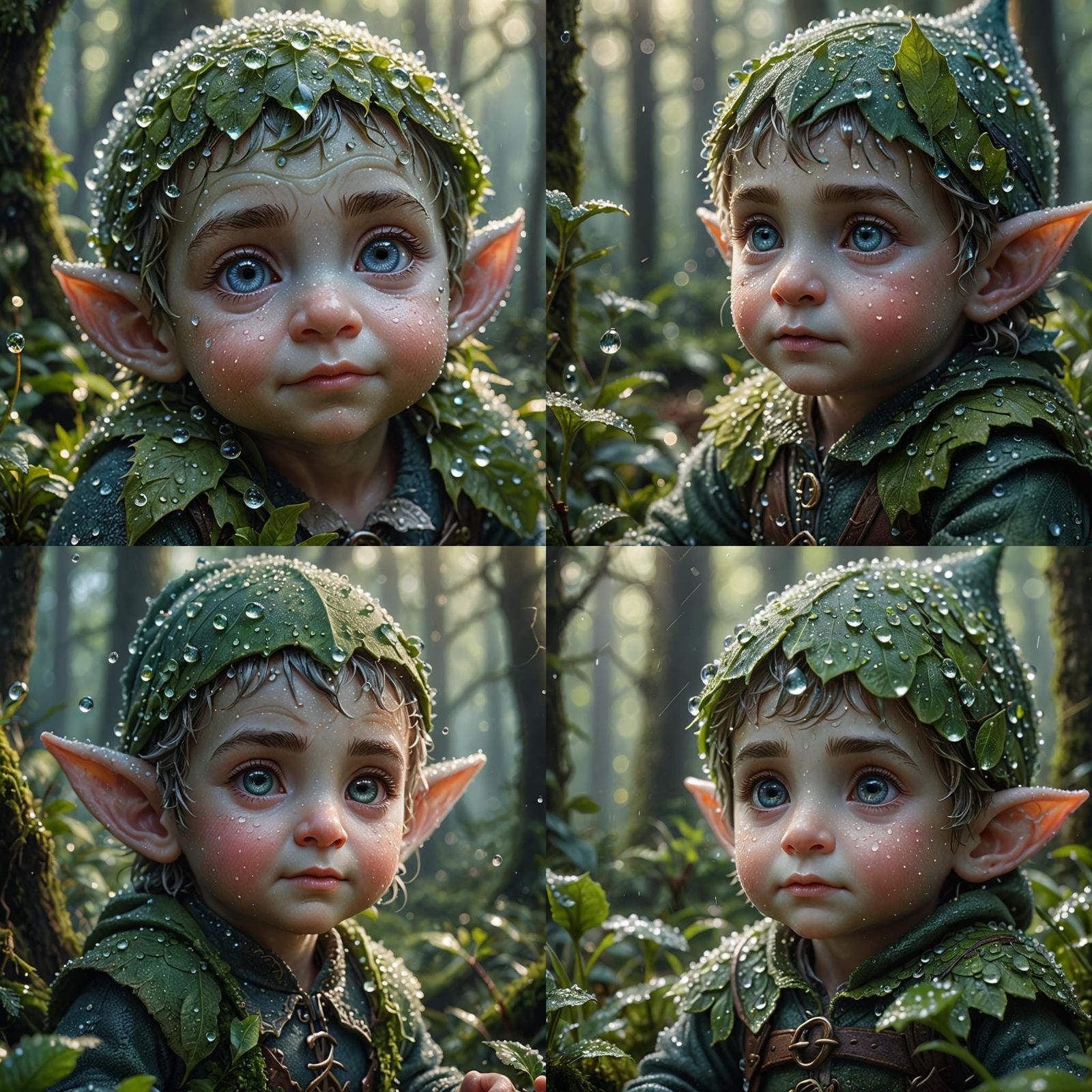 a baby elf  covered with dewdrops, in a forest,extreme close...