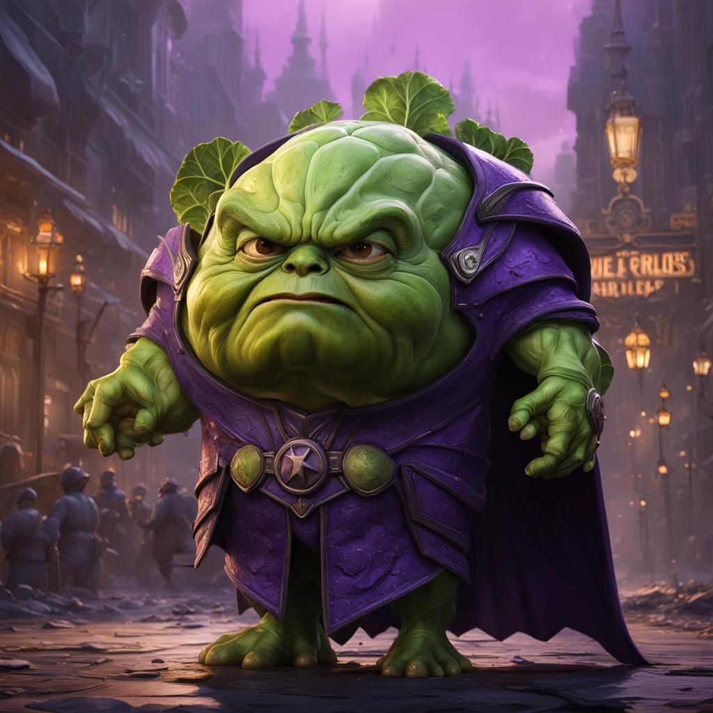 a brussels sprout in supervillain costume