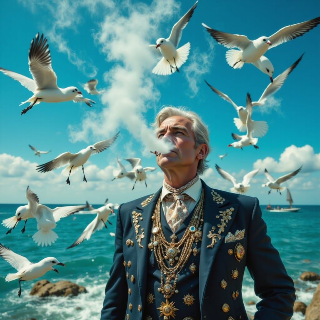 Man in Jewels Amidst Seagull Vortex in Cerulean Sky