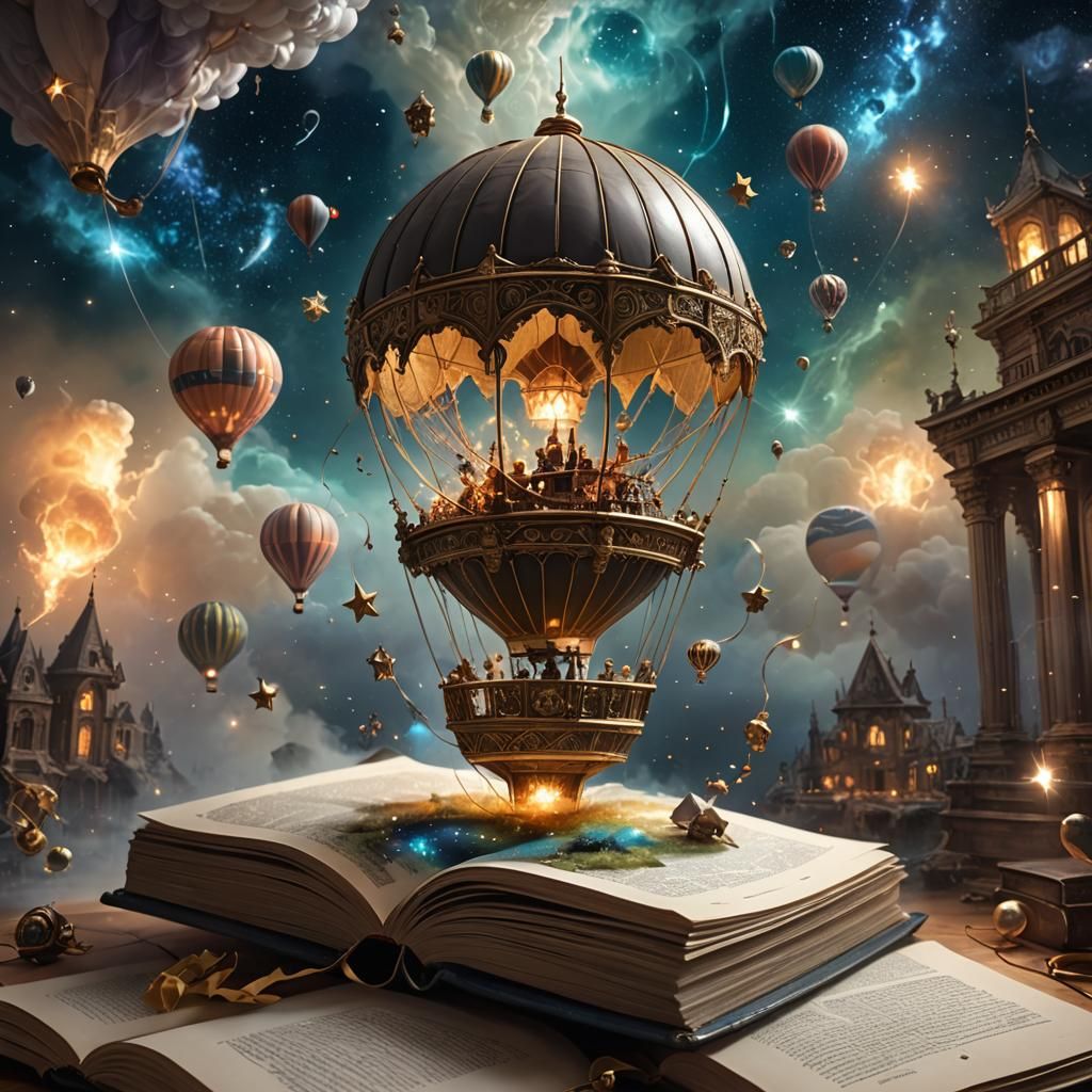 Miniature magical detailed one hot air balloon flying coming out of open book stars galaxy background hyperdetailed Kim ...