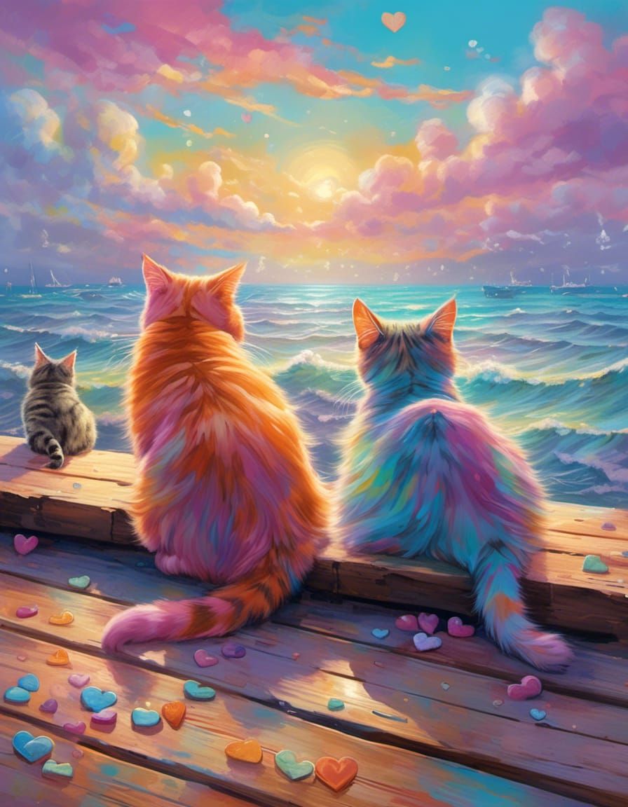 <lora:NC Hyperreal:1.0> Back view of an orange cat sitting beside a gray tabby cat on a dock looking at a calm ocean. A large wide rainbow s...