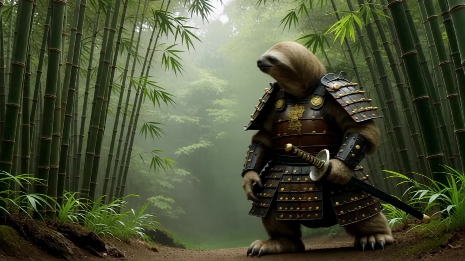 A sloth dressed as a noble samurai warrior, ornate lacquer armor, katana sheathed, standing in a misty bamboo forest, ci...