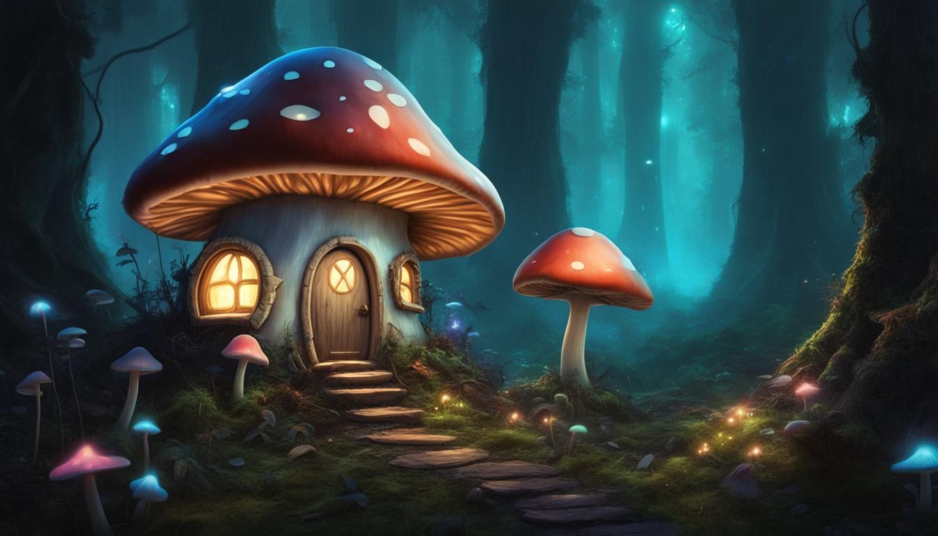 A fairy mushroom house in an enchanted bioluminescent forest...